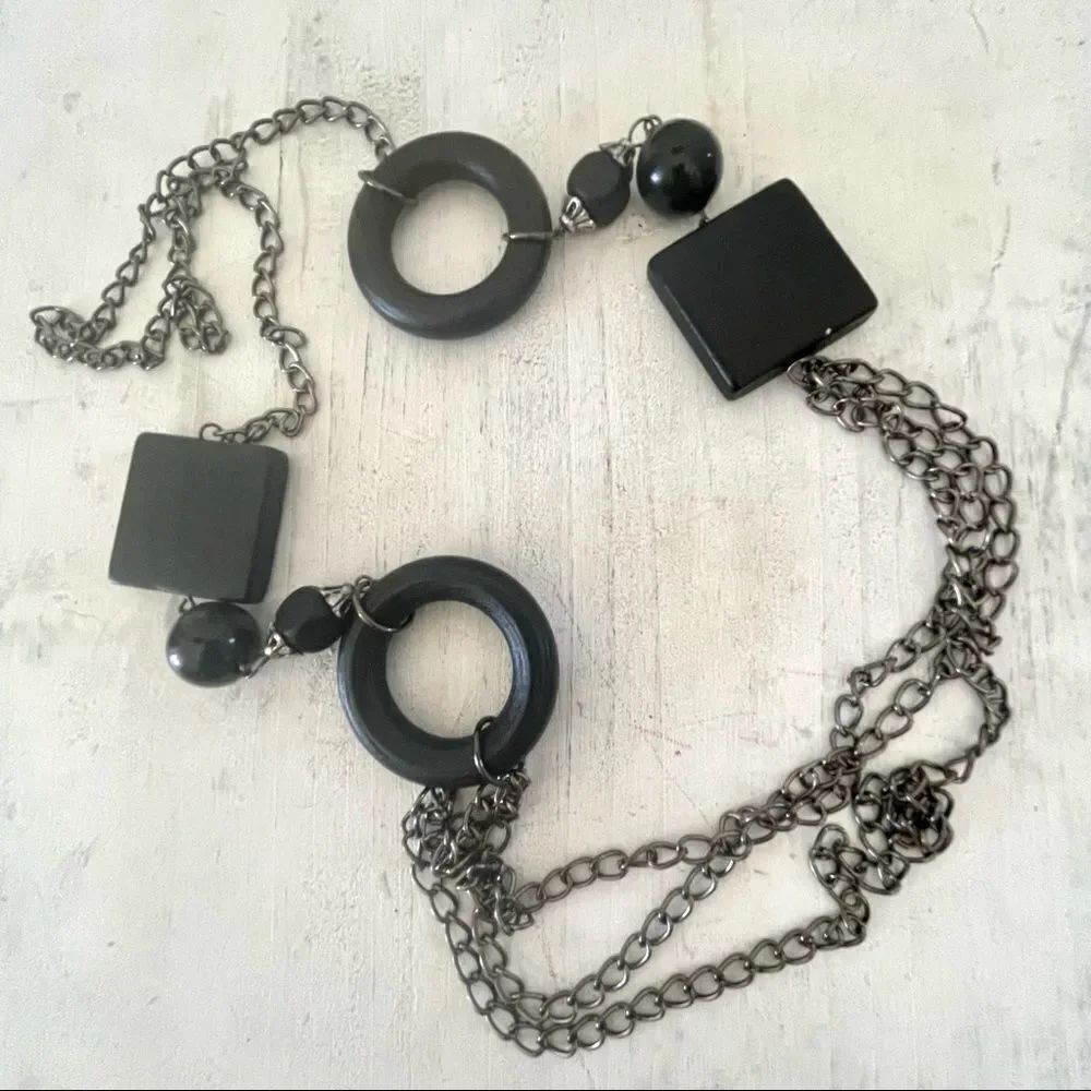 Long black wooden bead chain necklace